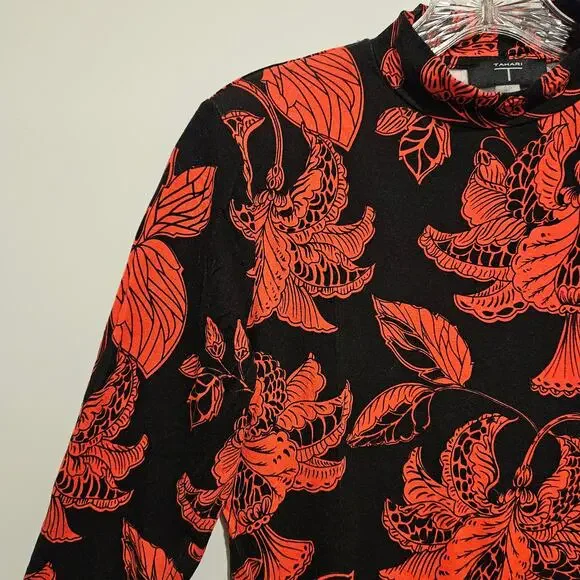Tahari red black floral print mock turtleneck long sleeve top SP classic cozy - Picture 7 of 7